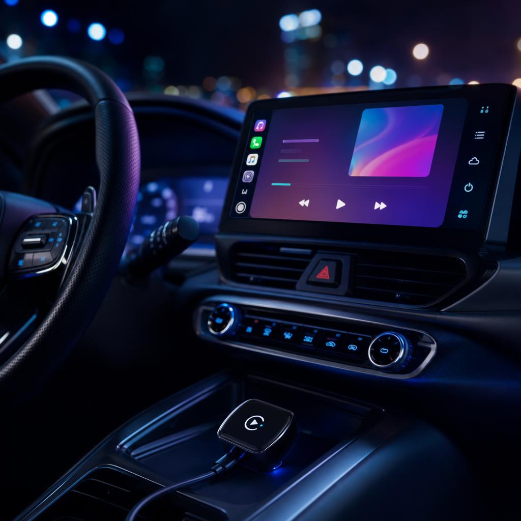Adaptador inalámbrico funcionando de noche en el coche