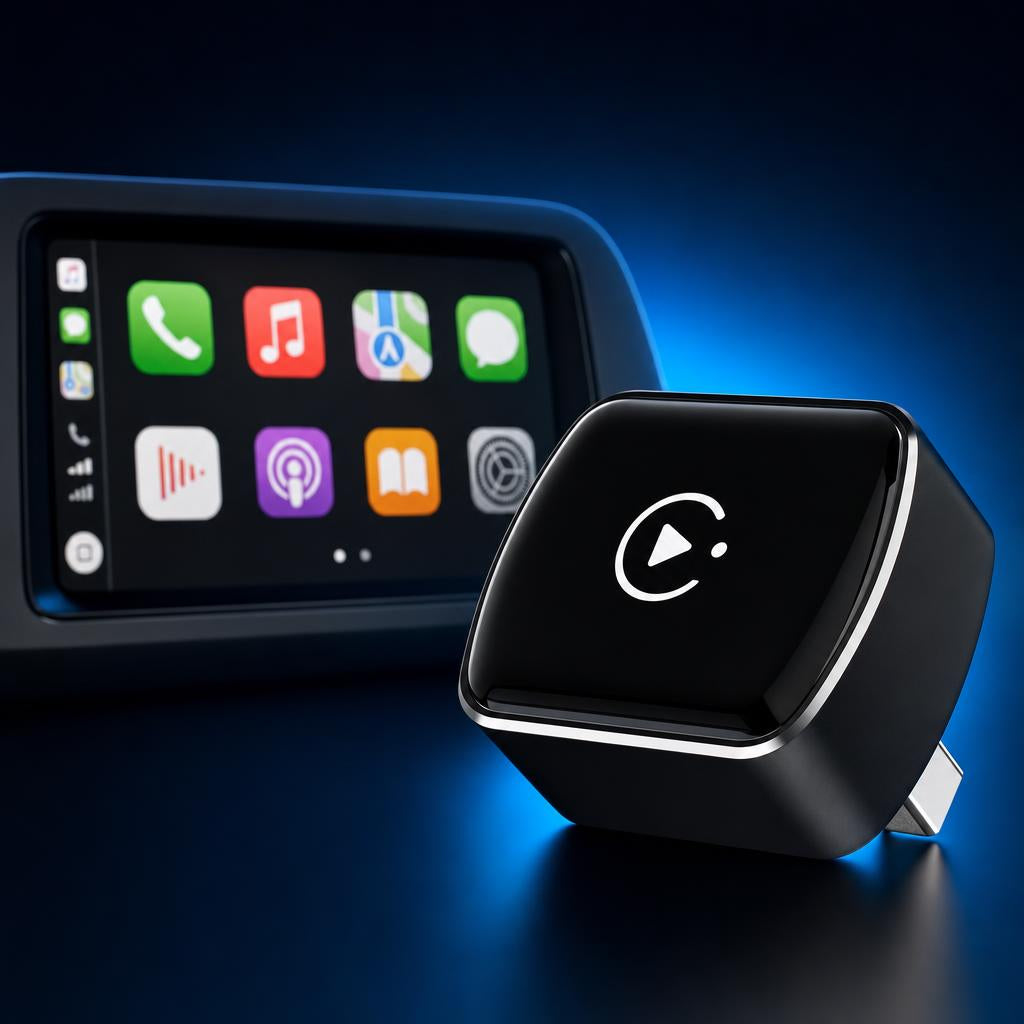 Adaptador inalámbrico CarPlay Android Auto junto a pantalla de coche