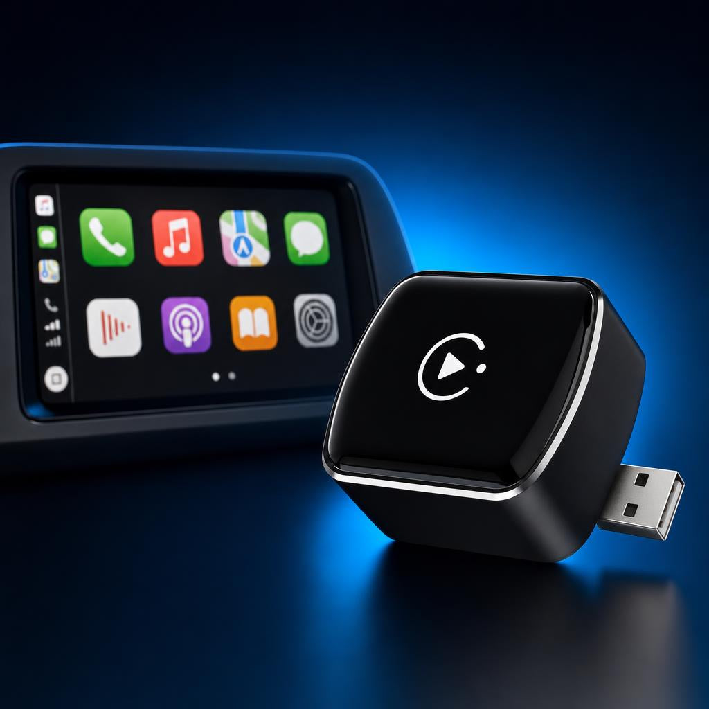 Adaptador inalámbrico CarPlay Android Auto junto a pantalla de coche