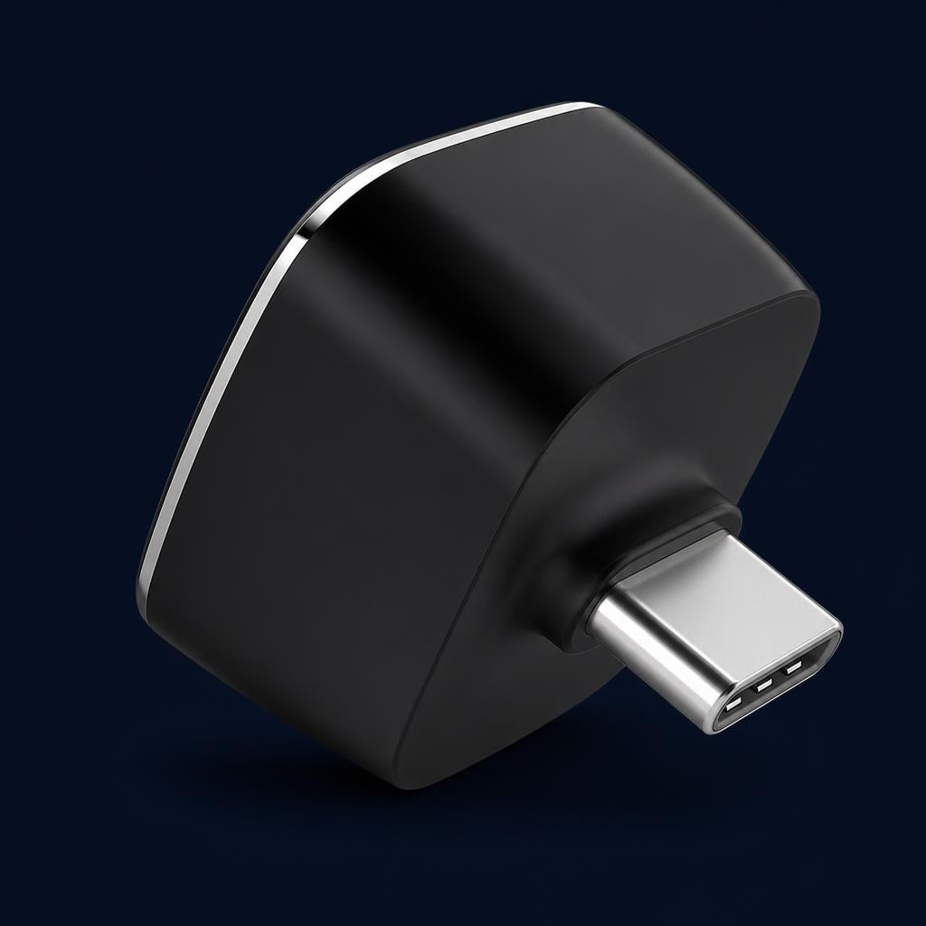 Adaptador inalámbrico CarPlay Android Auto, vista lateral con conector USB-C