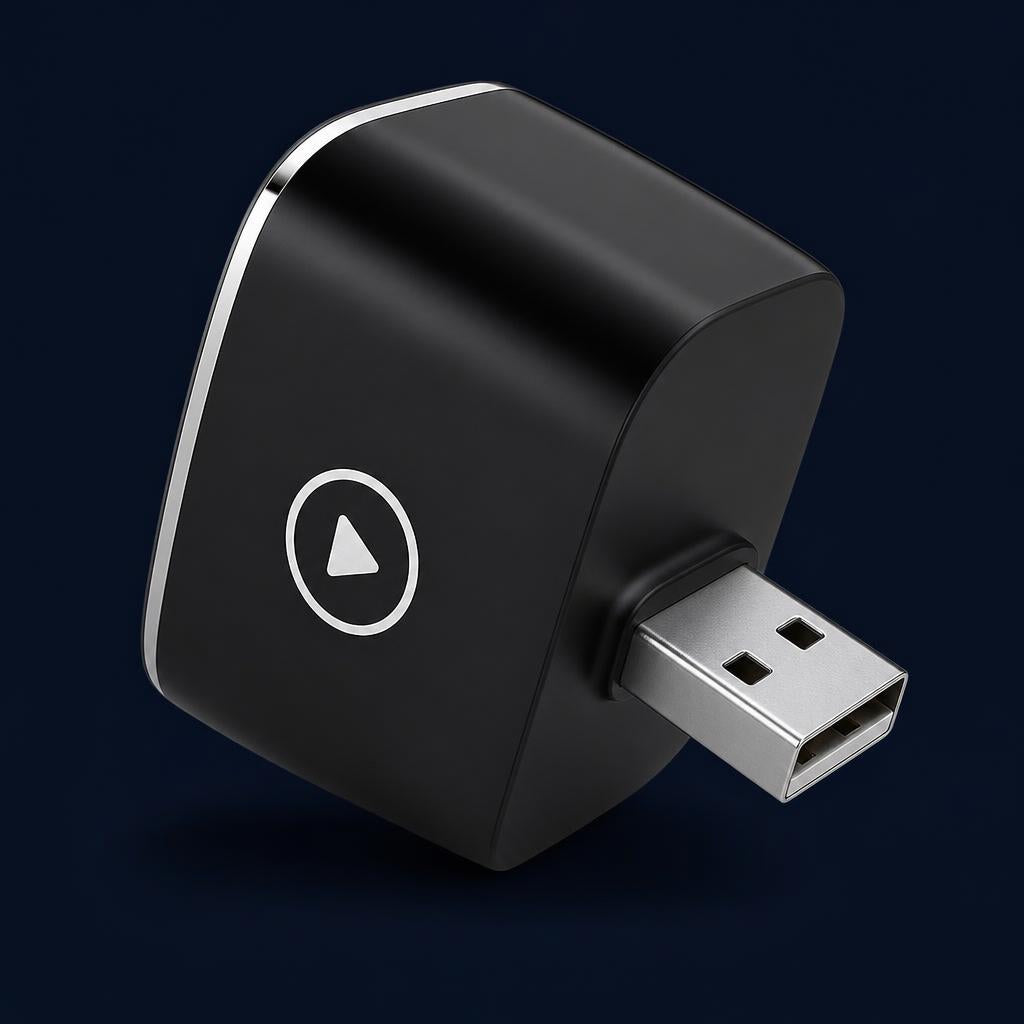 Adaptador inalámbrico CarPlay Android Auto, vista lateral con conector USB